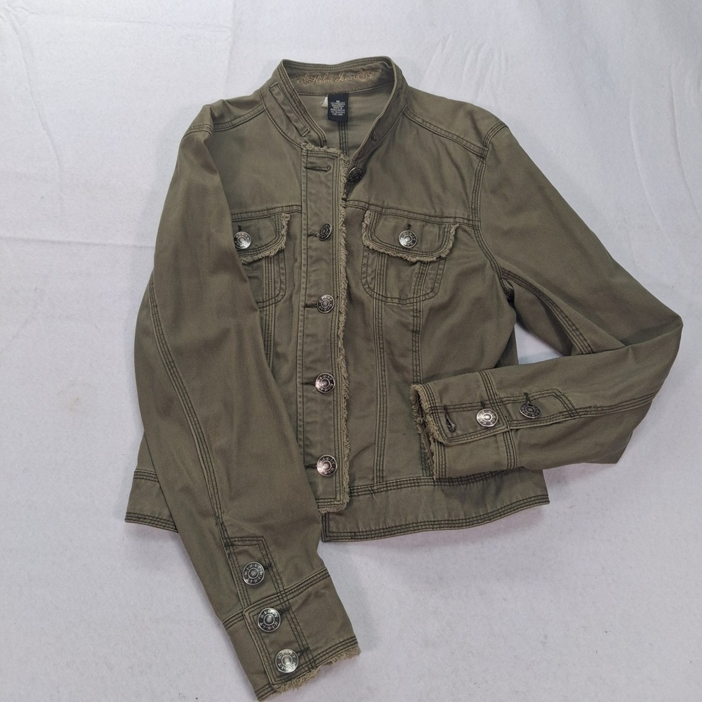 Kikit Jeans Jacket Womens M Military Utility Olive Green Frayed Raw Edge EUC